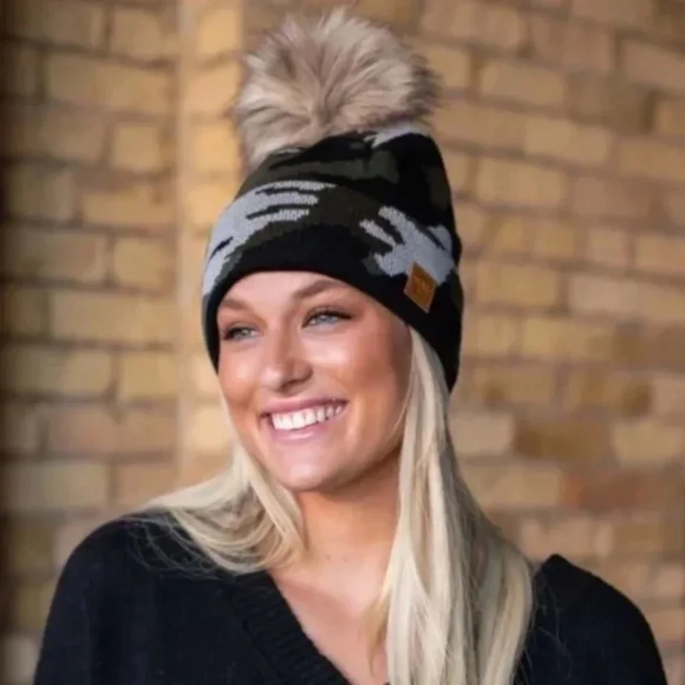 SOLD OUT Olive Camouflage Fleece Lined Knit Faux Fur Pompom Beanie Women's - Picture 4 of 4